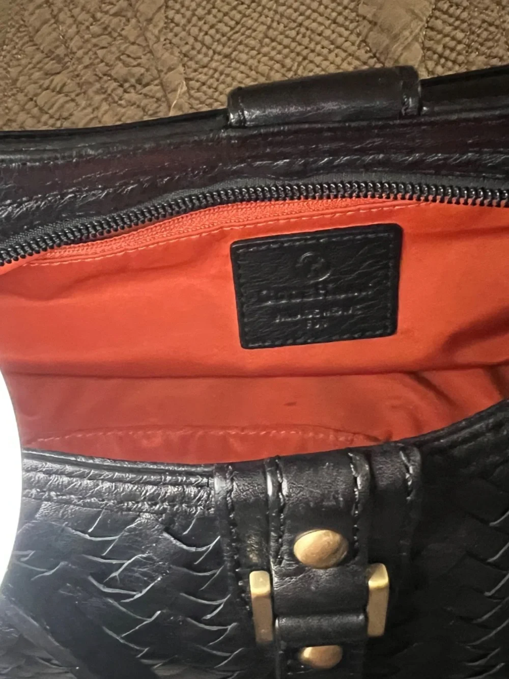 Cole Haan Village Weave Black Pebbled Leather Bag with Antiqued Brassy Trim